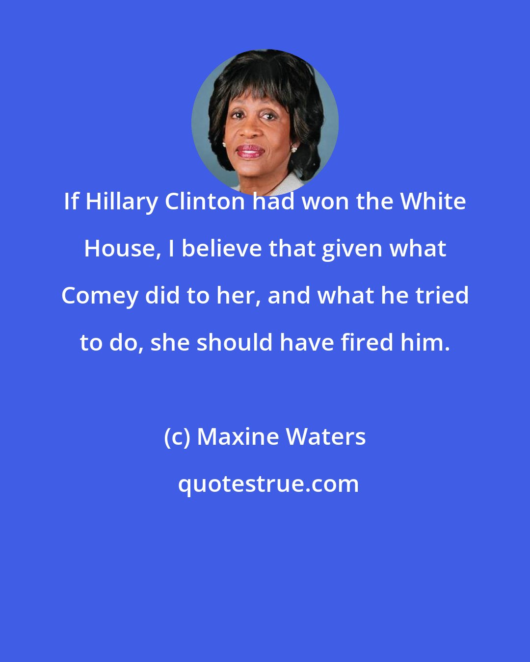 Maxine Waters: If Hillary Clinton had won the White House, I believe that given what Comey did to her, and what he tried to do, she should have fired him.