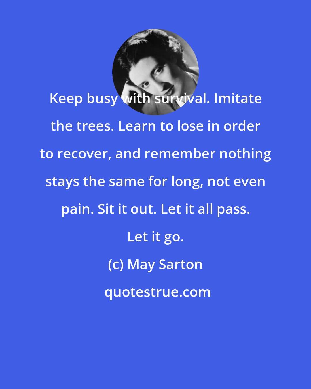 May Sarton: Keep busy with survival. Imitate the trees. Learn to lose in order to recover, and remember nothing stays the same for long, not even pain. Sit it out. Let it all pass. Let it go.