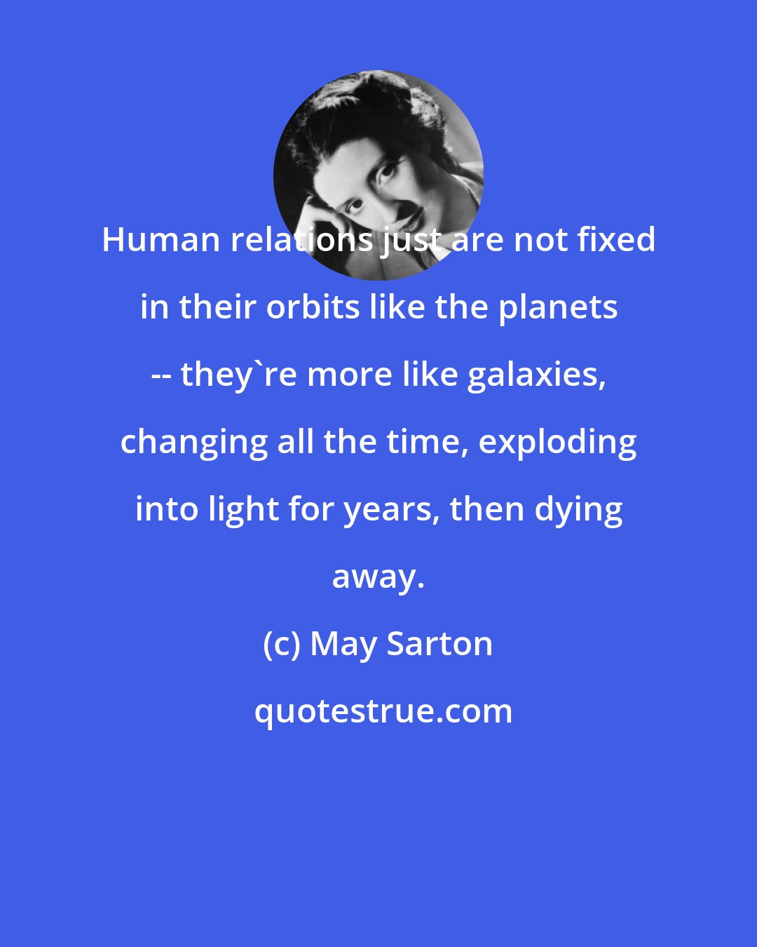 May Sarton: Human relations just are not fixed in their orbits like the planets -- they're more like galaxies, changing all the time, exploding into light for years, then dying away.