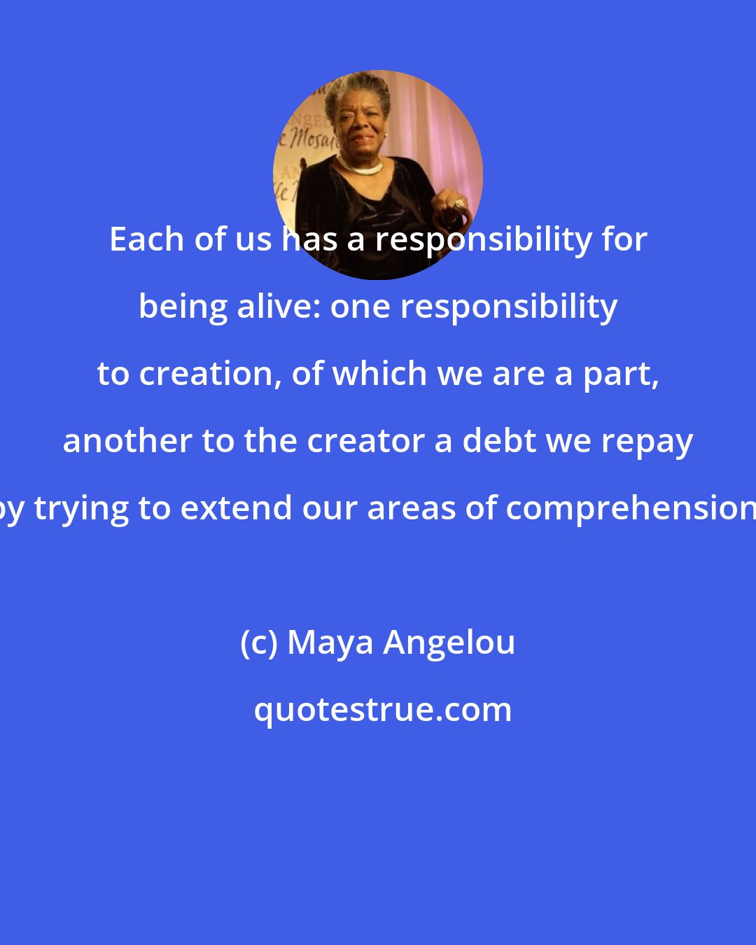 Maya Angelou: Each of us has a responsibility for being alive: one responsibility to creation, of which we are a part, another to the creator a debt we repay by trying to extend our areas of comprehension.