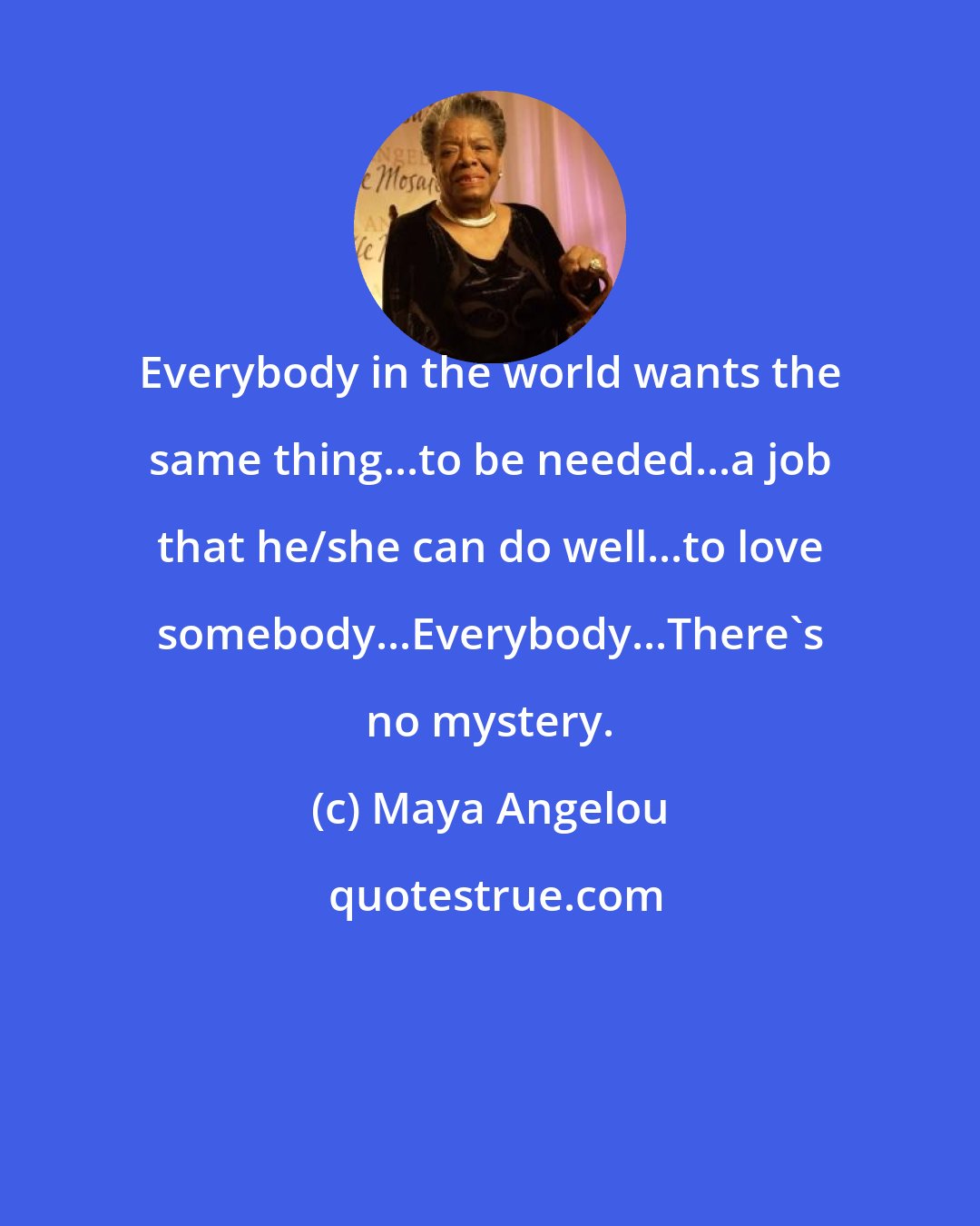 Maya Angelou: Everybody in the world wants the same thing...to be needed...a job that he/she can do well...to love somebody...Everybody...There's no mystery.