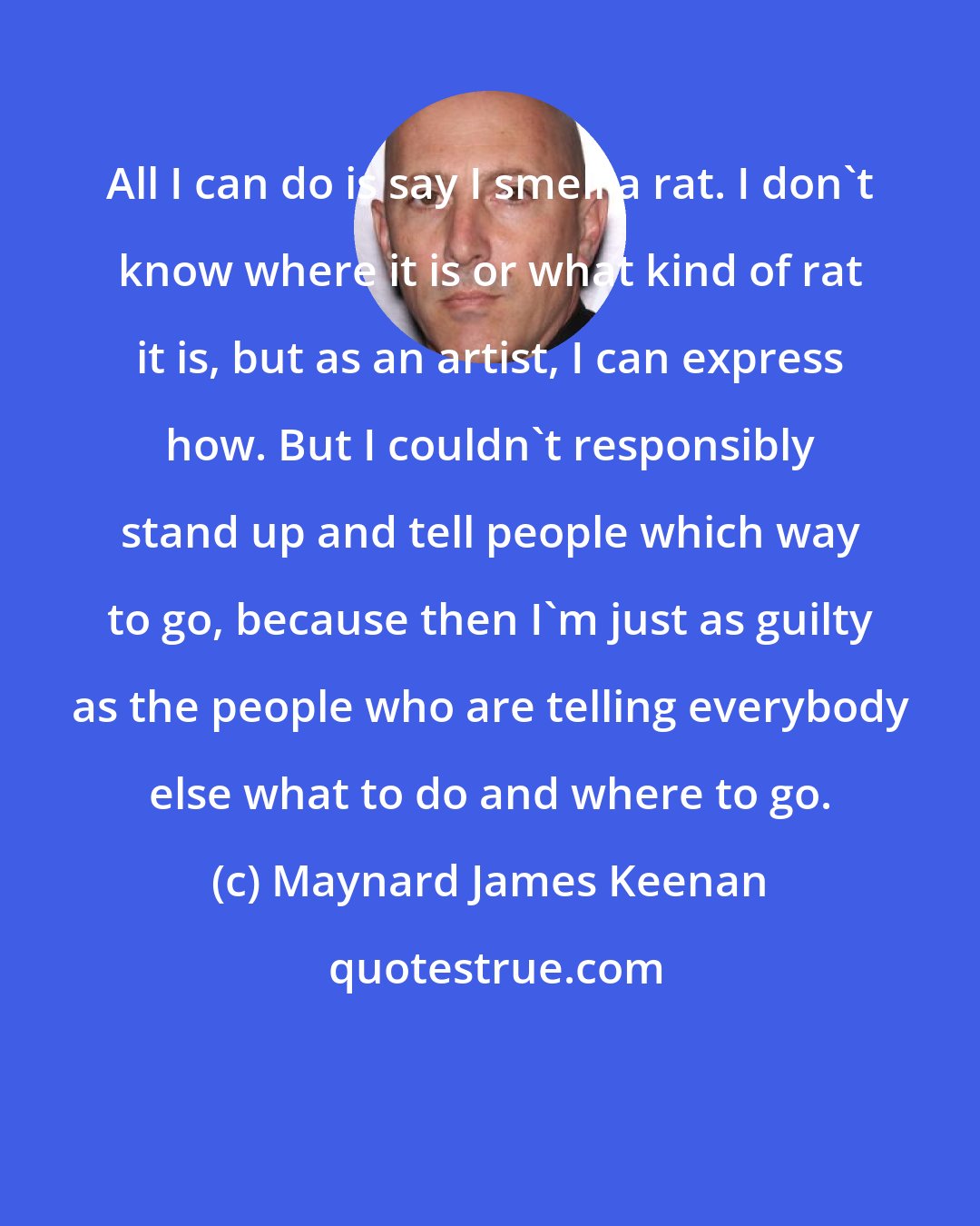 Maynard James Keenan: All I can do is say I smell a rat. I don't know where it is or what kind of rat it is, but as an artist, I can express how. But I couldn't responsibly stand up and tell people which way to go, because then I'm just as guilty as the people who are telling everybody else what to do and where to go.