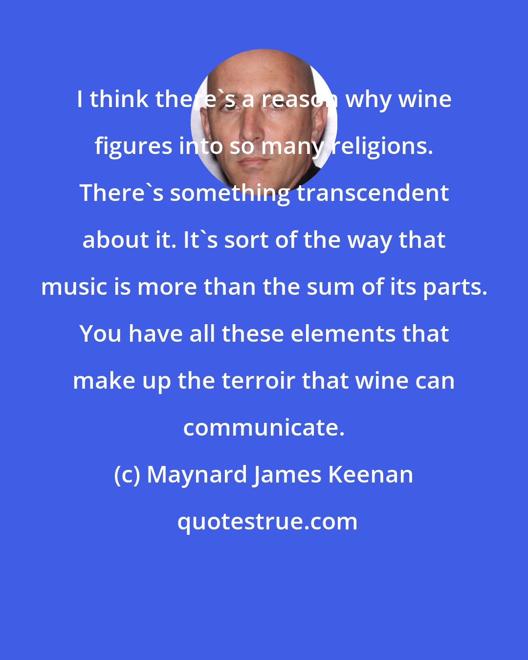 Maynard James Keenan: I think there's a reason why wine figures into so many religions. There's something transcendent about it. It's sort of the way that music is more than the sum of its parts. You have all these elements that make up the terroir that wine can communicate.