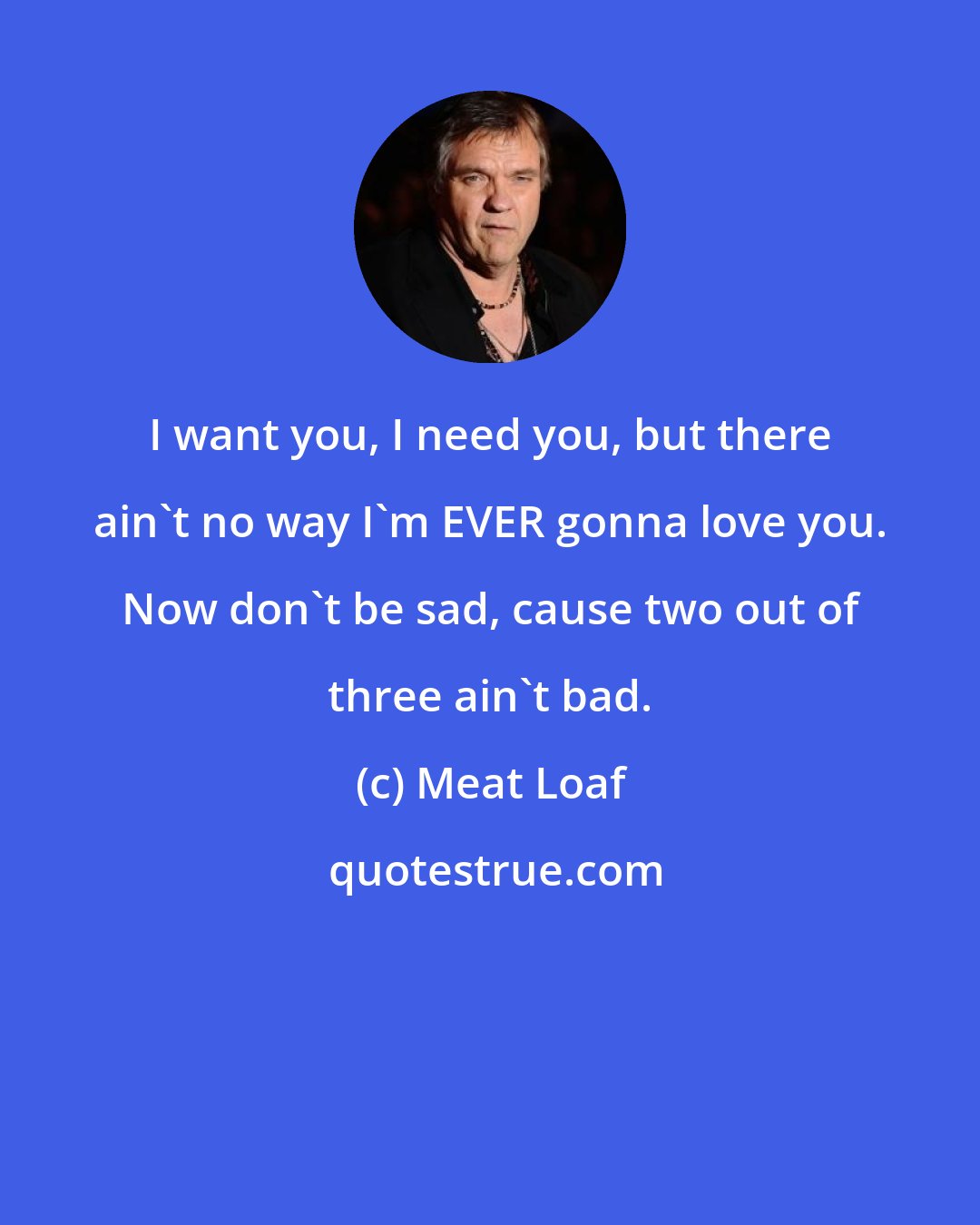 Meat Loaf: I want you, I need you, but there ain't no way I'm EVER gonna love you. Now don't be sad, cause two out of three ain't bad.