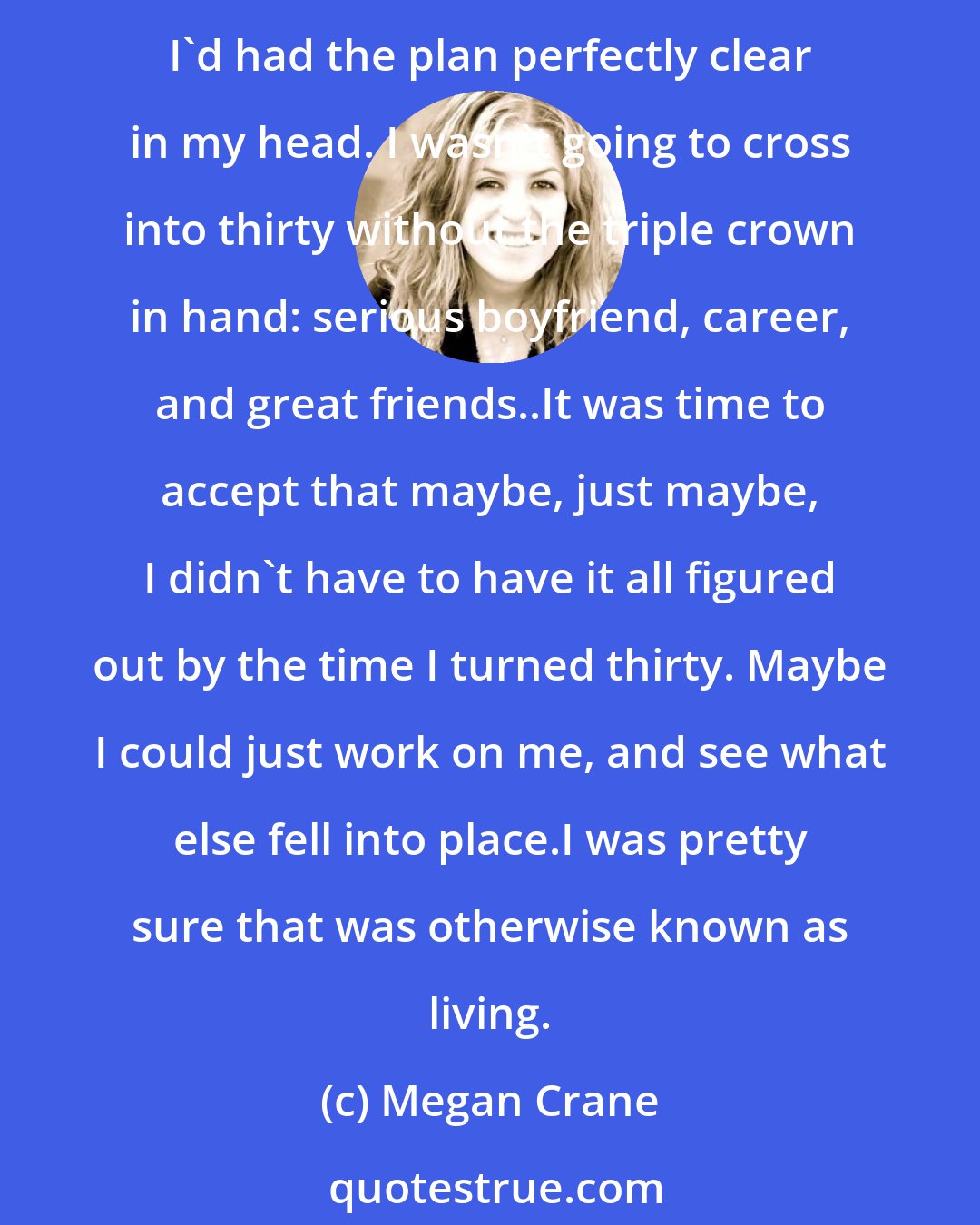 Megan Crane: I was fuzzy on the details, but I knew the basic outline. I knew how I wanted to be, it was simply a question of being who I wanted to be.I thought I had had it all figured out before. I'd had the plan perfectly clear in my head. I wasn't going to cross into thirty without the triple crown in hand: serious boyfriend, career, and great friends..It was time to accept that maybe, just maybe, I didn't have to have it all figured out by the time I turned thirty. Maybe I could just work on me, and see what else fell into place.I was pretty sure that was otherwise known as living.