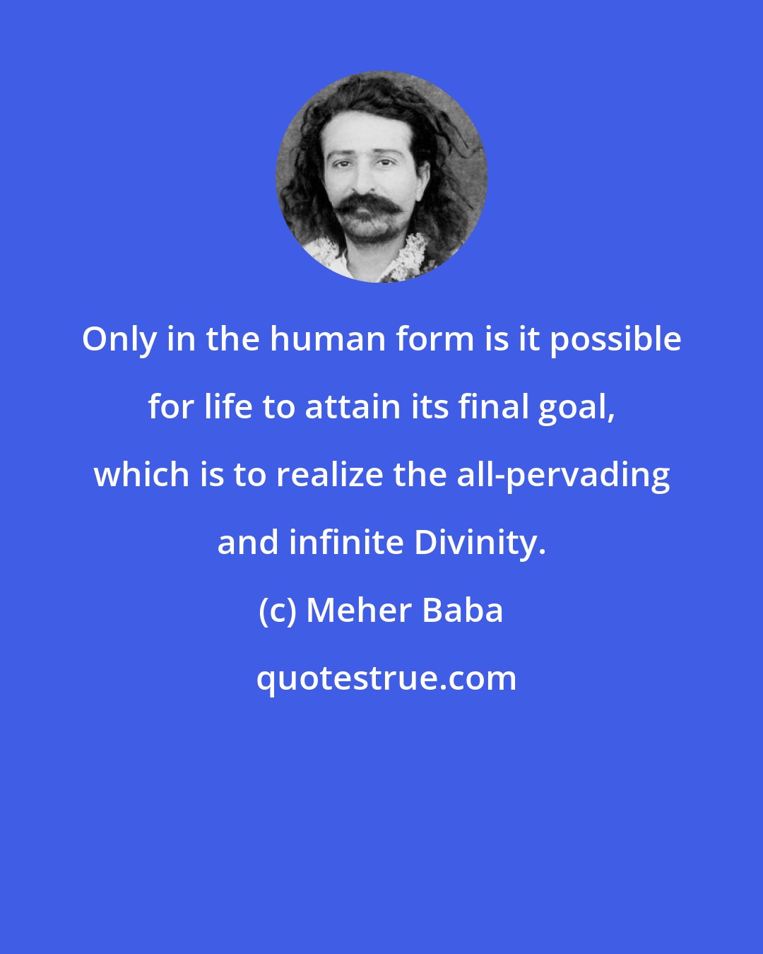 Meher Baba: Only in the human form is it possible for life to attain its final goal, which is to realize the all-pervading and infinite Divinity.