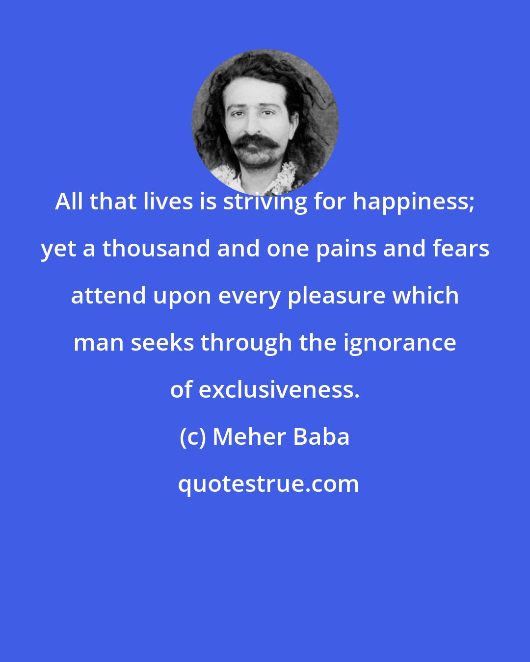 Meher Baba: All that lives is striving for happiness; yet a thousand and one pains and fears attend upon every pleasure which man seeks through the ignorance of exclusiveness.