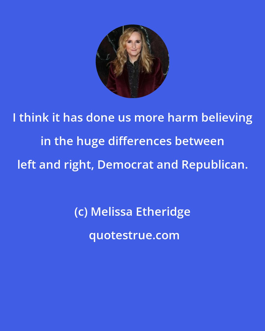 Melissa Etheridge: I think it has done us more harm believing in the huge differences between left and right, Democrat and Republican.