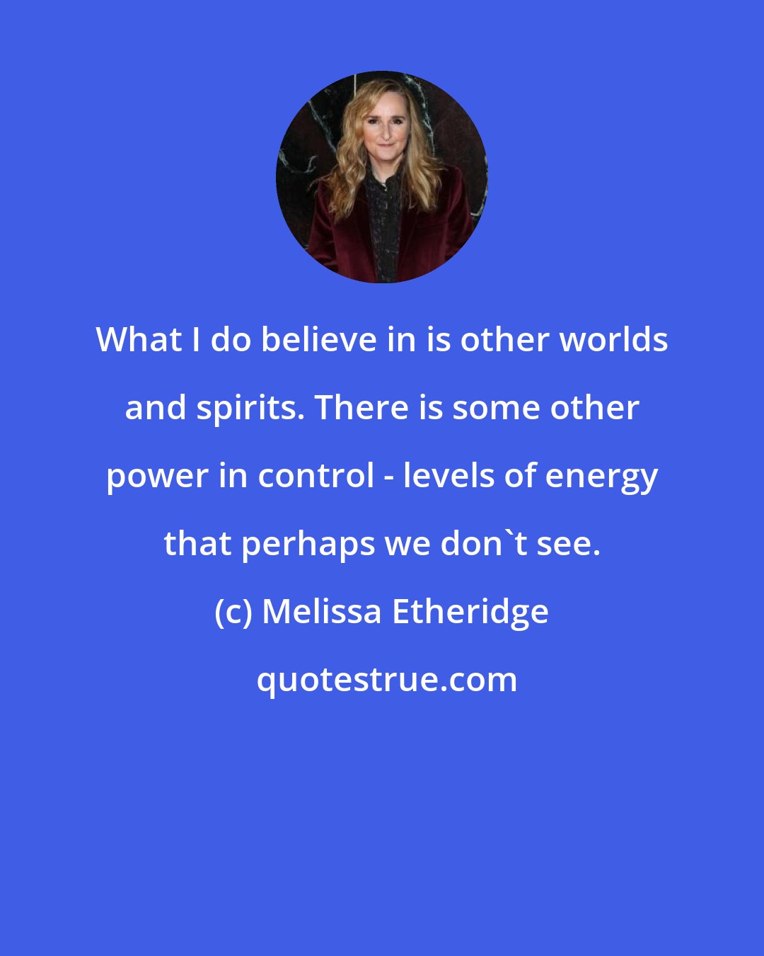 Melissa Etheridge: What I do believe in is other worlds and spirits. There is some other power in control - levels of energy that perhaps we don't see.