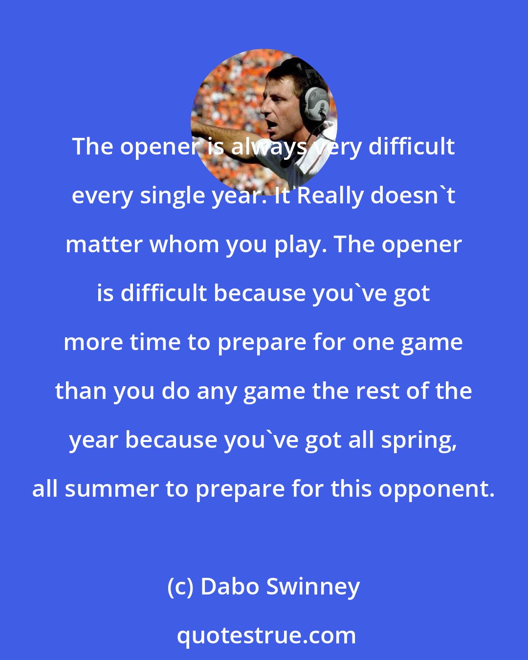 Dabo Swinney: The opener is always very difficult every single year. It Really doesn't matter whom you play. The opener is difficult because you've got more time to prepare for one game than you do any game the rest of the year because you've got all spring, all summer to prepare for this opponent.