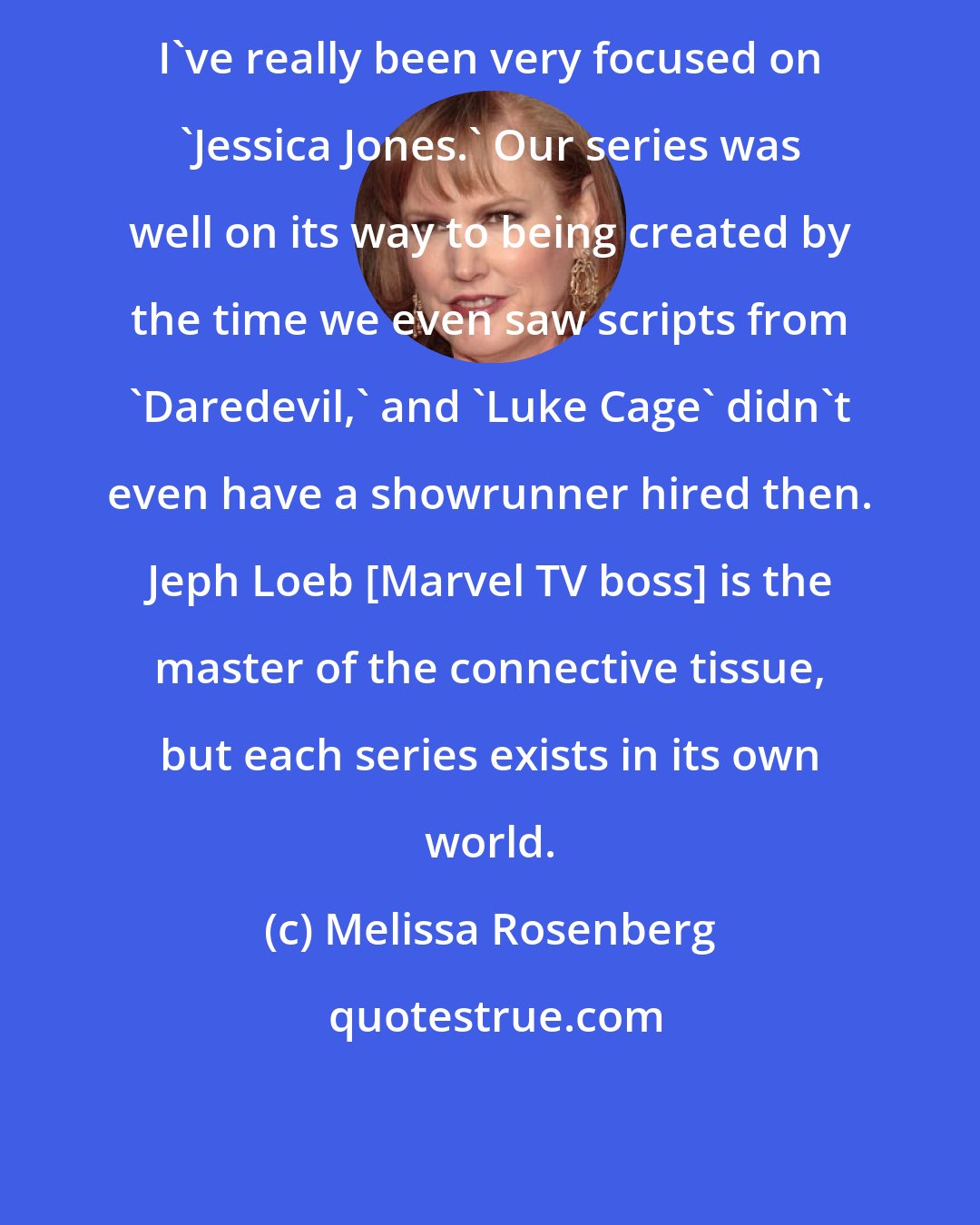 Melissa Rosenberg: I've really been very focused on 'Jessica Jones.' Our series was well on its way to being created by the time we even saw scripts from 'Daredevil,' and 'Luke Cage' didn't even have a showrunner hired then. Jeph Loeb [Marvel TV boss] is the master of the connective tissue, but each series exists in its own world.