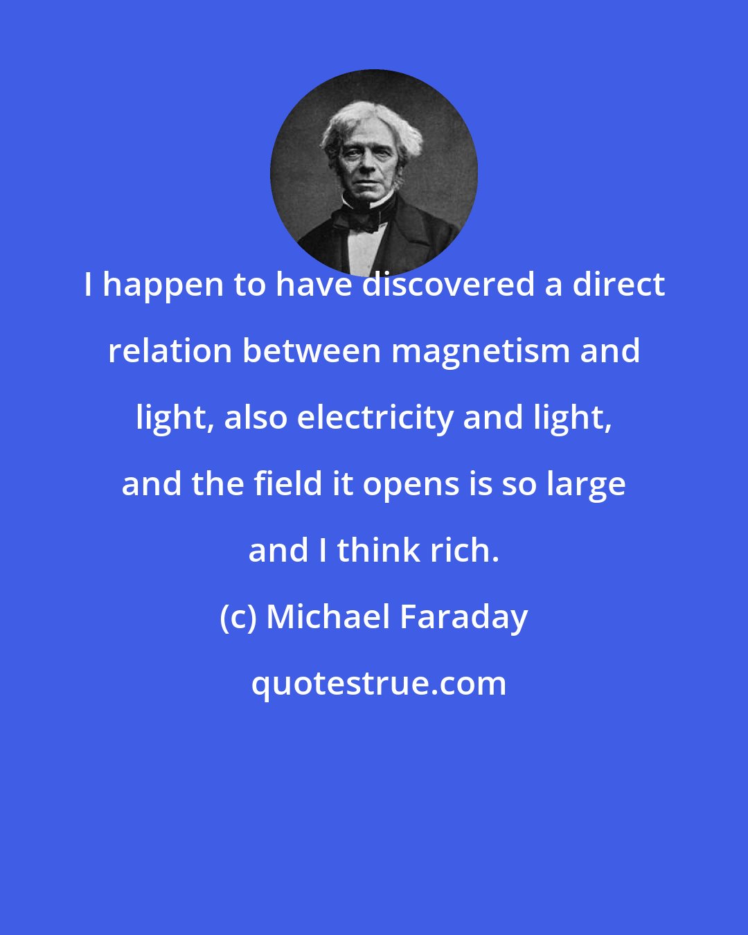 Michael Faraday: I happen to have discovered a direct relation between magnetism and light, also electricity and light, and the field it opens is so large and I think rich.