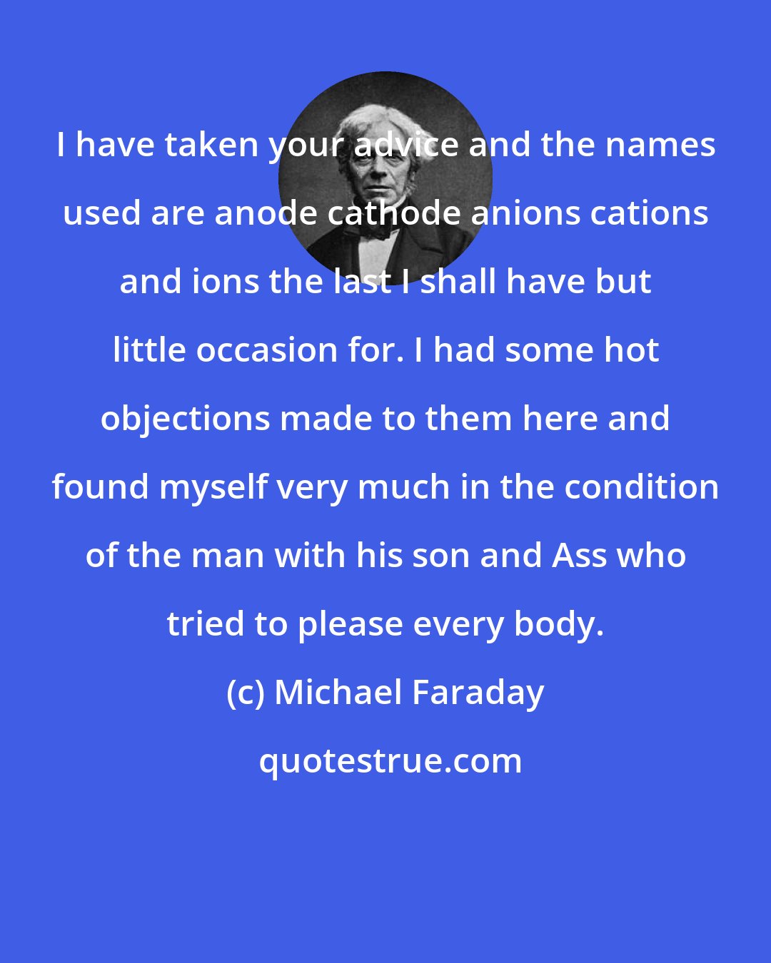Michael Faraday: I have taken your advice and the names used are anode cathode anions cations and ions the last I shall have but little occasion for. I had some hot objections made to them here and found myself very much in the condition of the man with his son and Ass who tried to please every body.