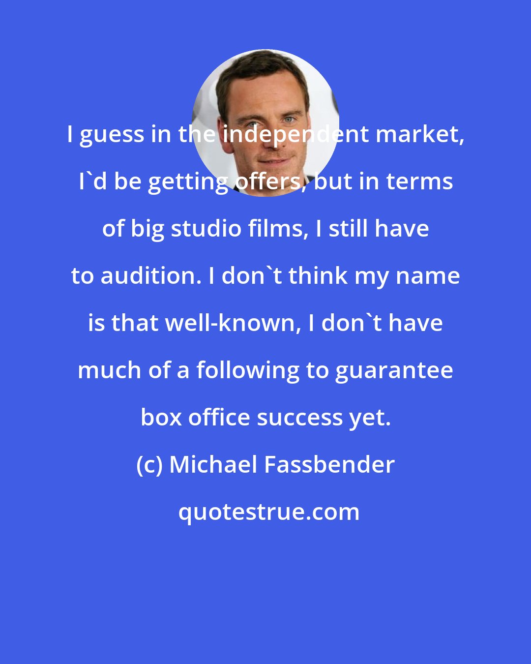 Michael Fassbender: I guess in the independent market, I'd be getting offers, but in terms of big studio films, I still have to audition. I don't think my name is that well-known, I don't have much of a following to guarantee box office success yet.