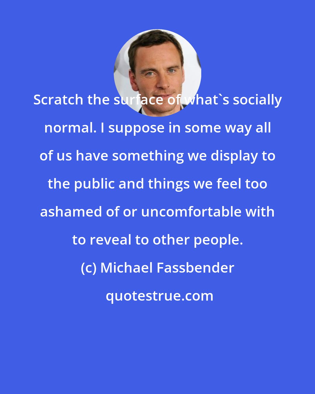 Michael Fassbender: Scratch the surface of what's socially normal. I suppose in some way all of us have something we display to the public and things we feel too ashamed of or uncomfortable with to reveal to other people.