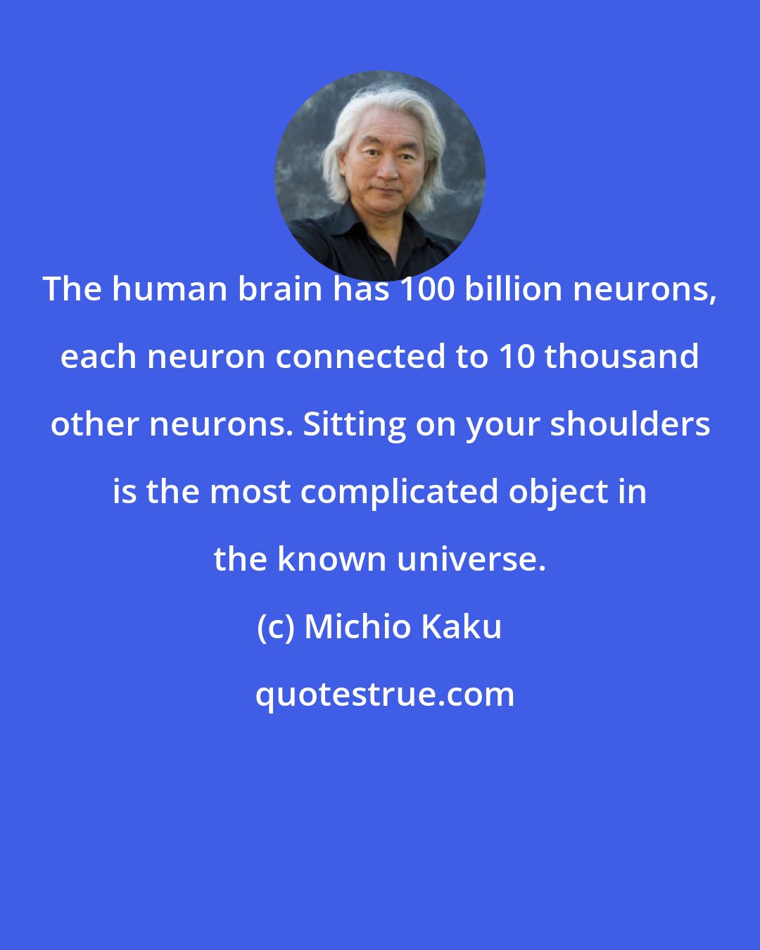 Michio Kaku: The human brain has 100 billion neurons, each neuron connected to 10 thousand other neurons. Sitting on your shoulders is the most complicated object in the known universe.